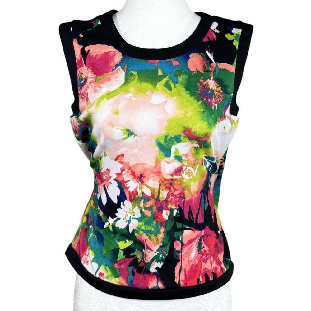 Worthington Womens Tank Top S Floral Sleeveless Blouse Black Trim Rear Zipper